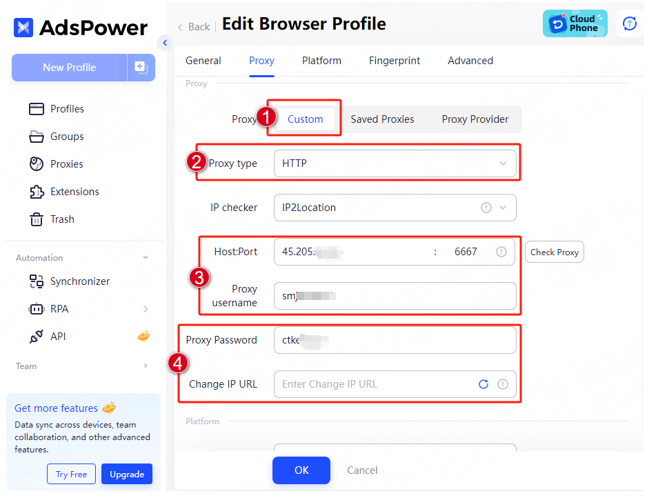 Enter proxy information