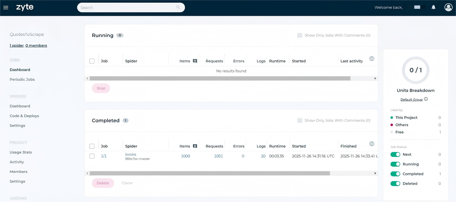Scrapy Cloud Control Panel