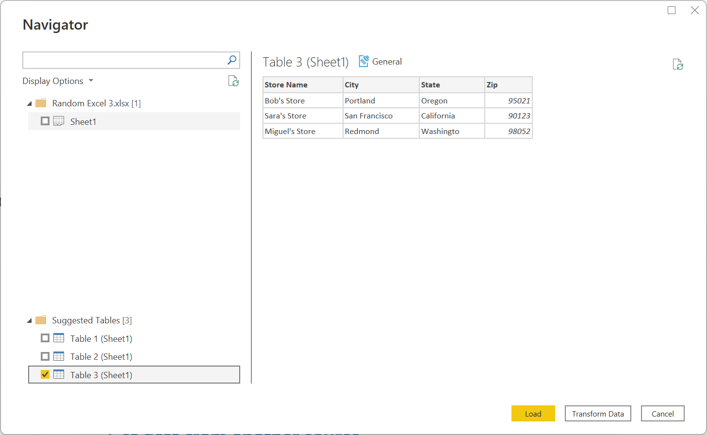 Excel Power Query Navigator window selecting Table 1 from HTML